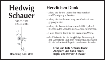 Traueranzeige von Hedwig Schauer von Pegnitz-Zeitung